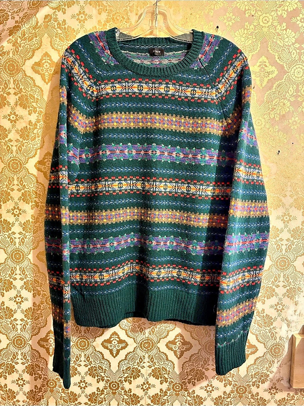 J.Crew Men's 100% Lambswool Fair Isle Sweater Green Nordic Pullover